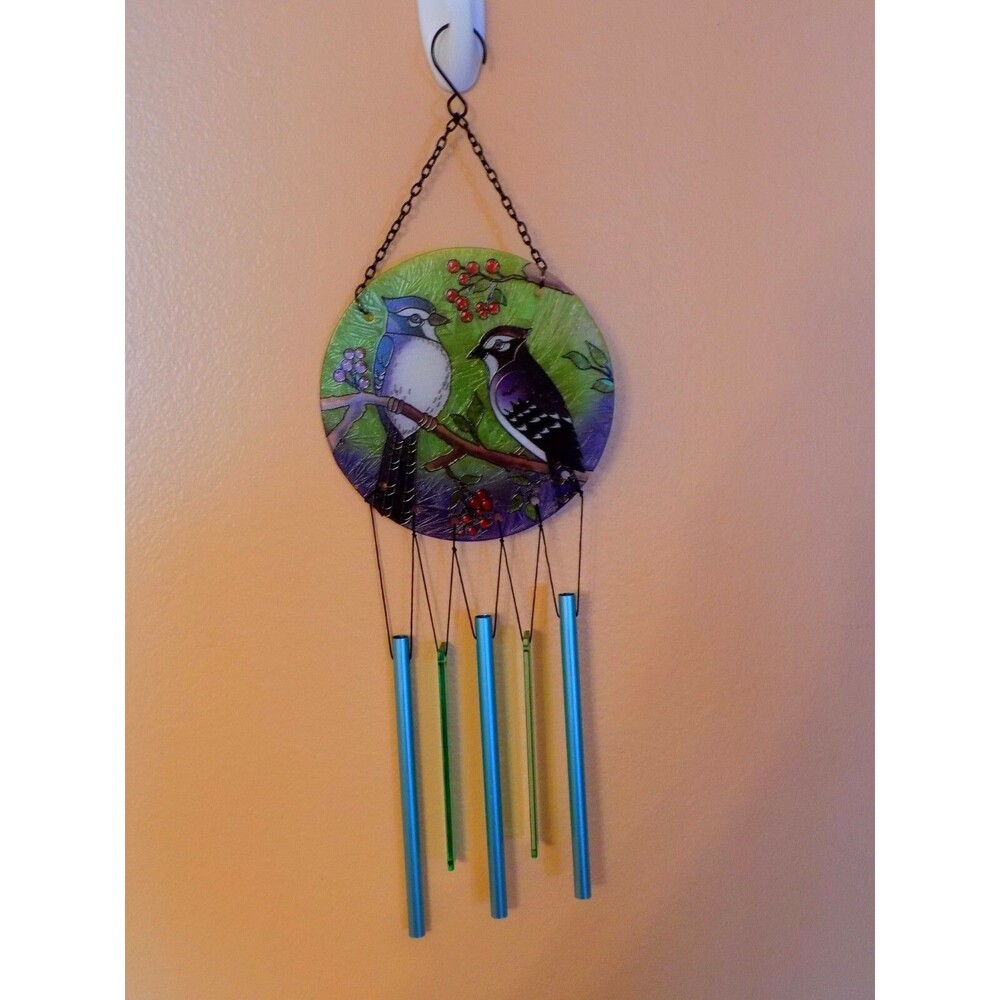 Blue Jays Painted Stained Glass Round Suncatcher Wind Chimes Decor